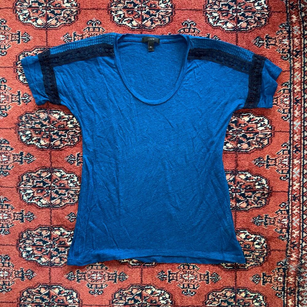 J.Crew XS Deep Cobalt Blue LINEN Knit T-Shirt with Black Crochet Trim Detail